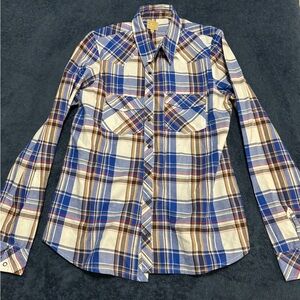 Guess Women's Blue and Brown Plaid Button Down Shirt